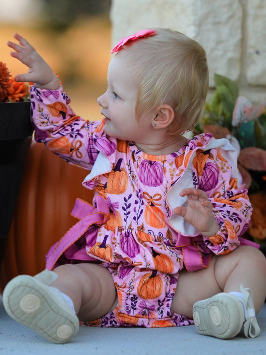 Halloween Thanksgiving Pumpkin Girls Romper with Ruffle Bow