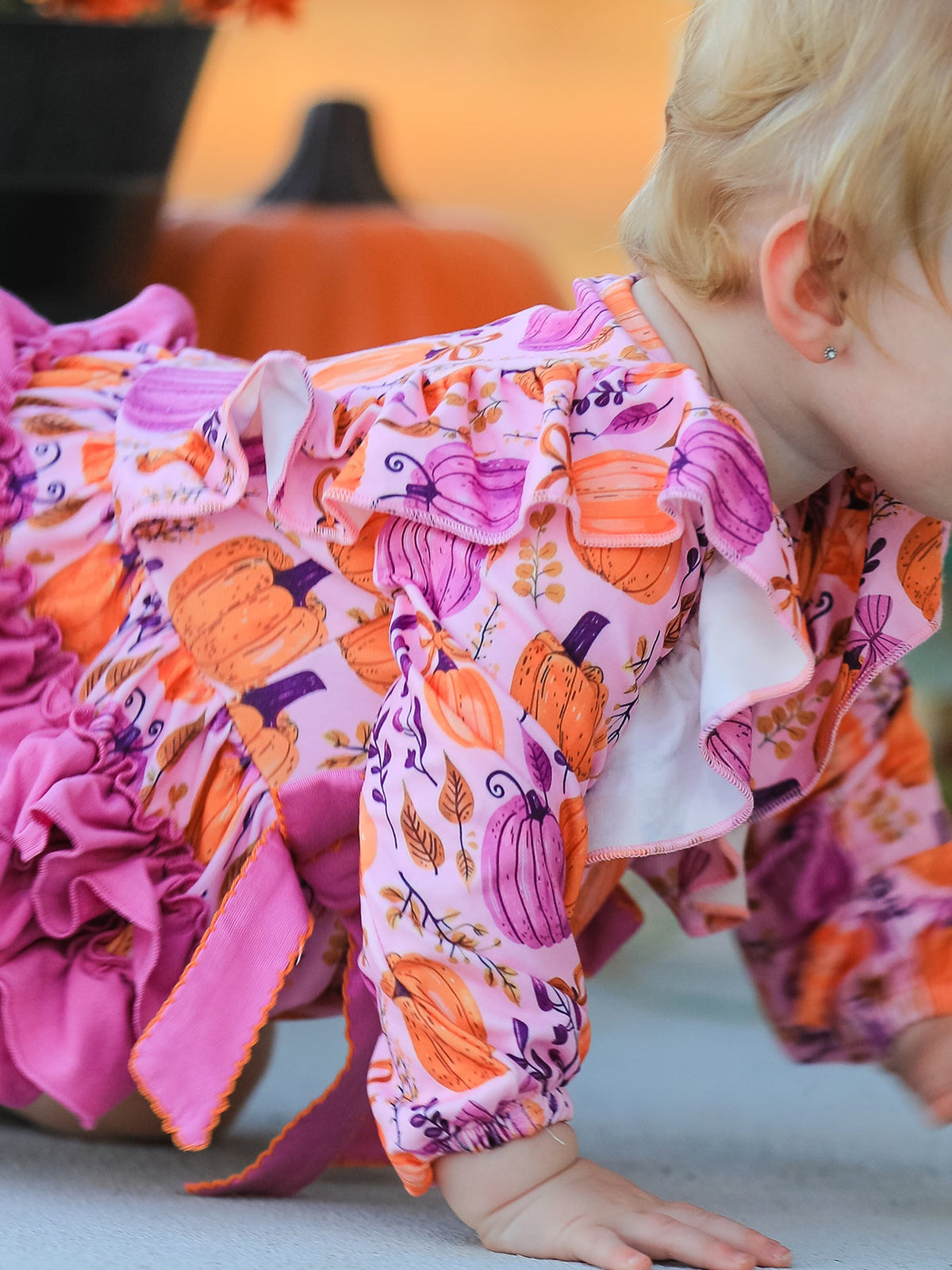 Halloween Thanksgiving Pumpkin Girls Romper with Ruffle Bow