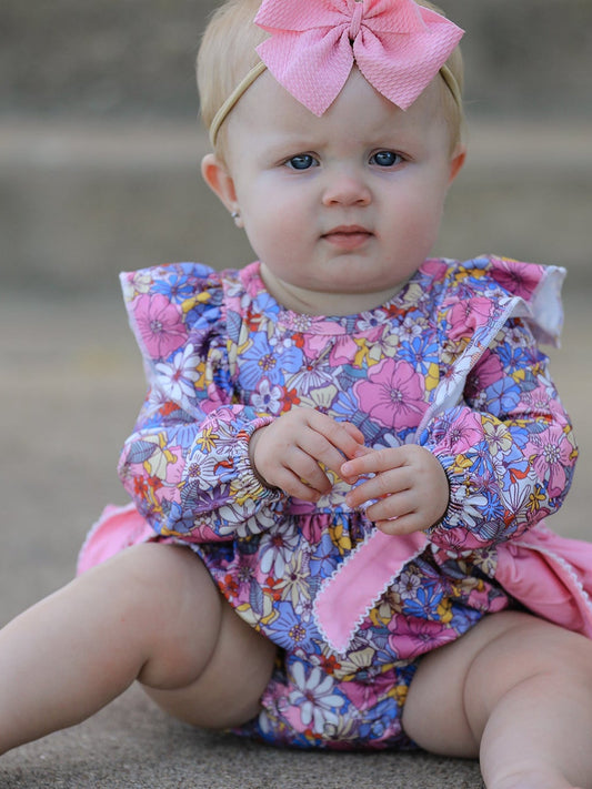 Fall Vintage Floral Print Girls Long Sleeve Romper