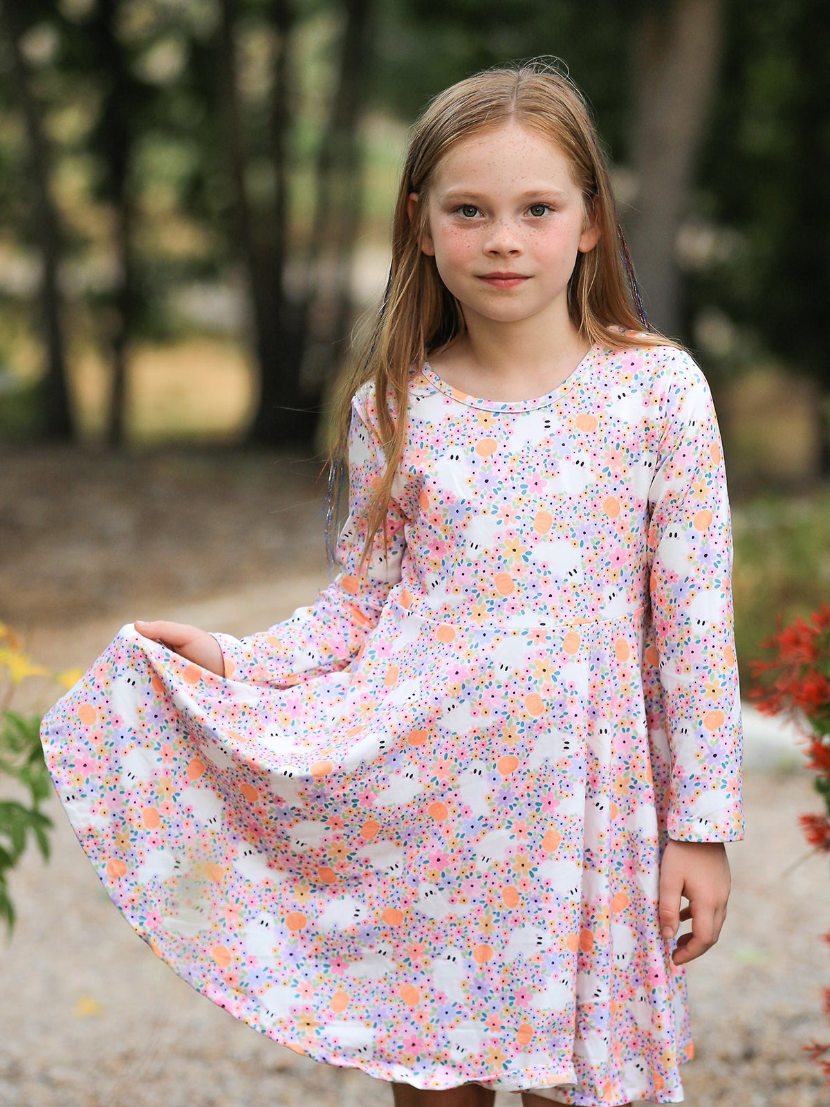 Halloween Ghost Print Girls Twirl Dress Long Sleeve