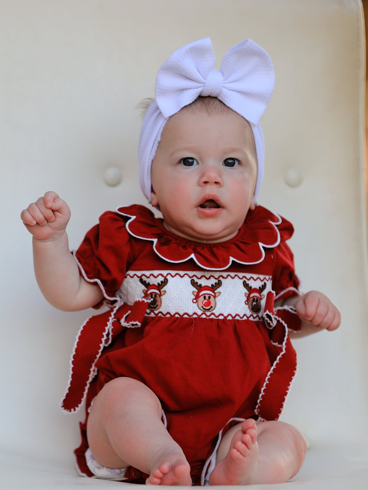 Baby Girls Christmas Reindeer Smocked Bubble Romper