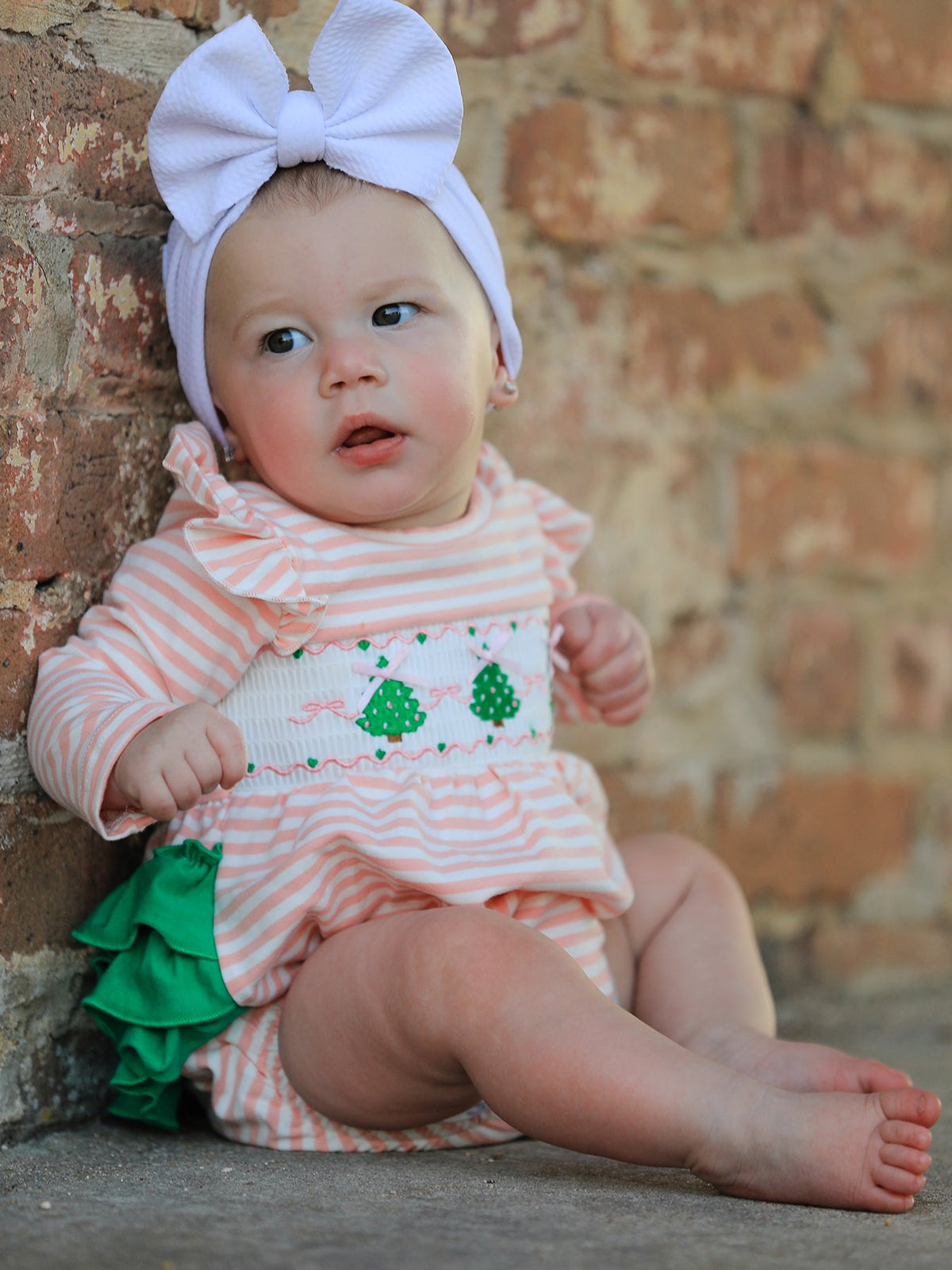 Christmas Tree Smocked Embroidery Stripe Baby Girls Romper