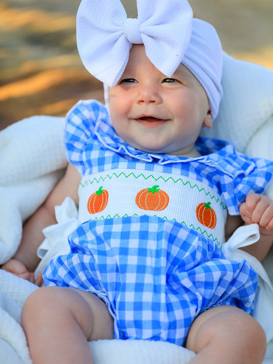 Fall Thanksgiving& Halloween Blue Pumpkin Smock Embroidery Baby Girl Romper