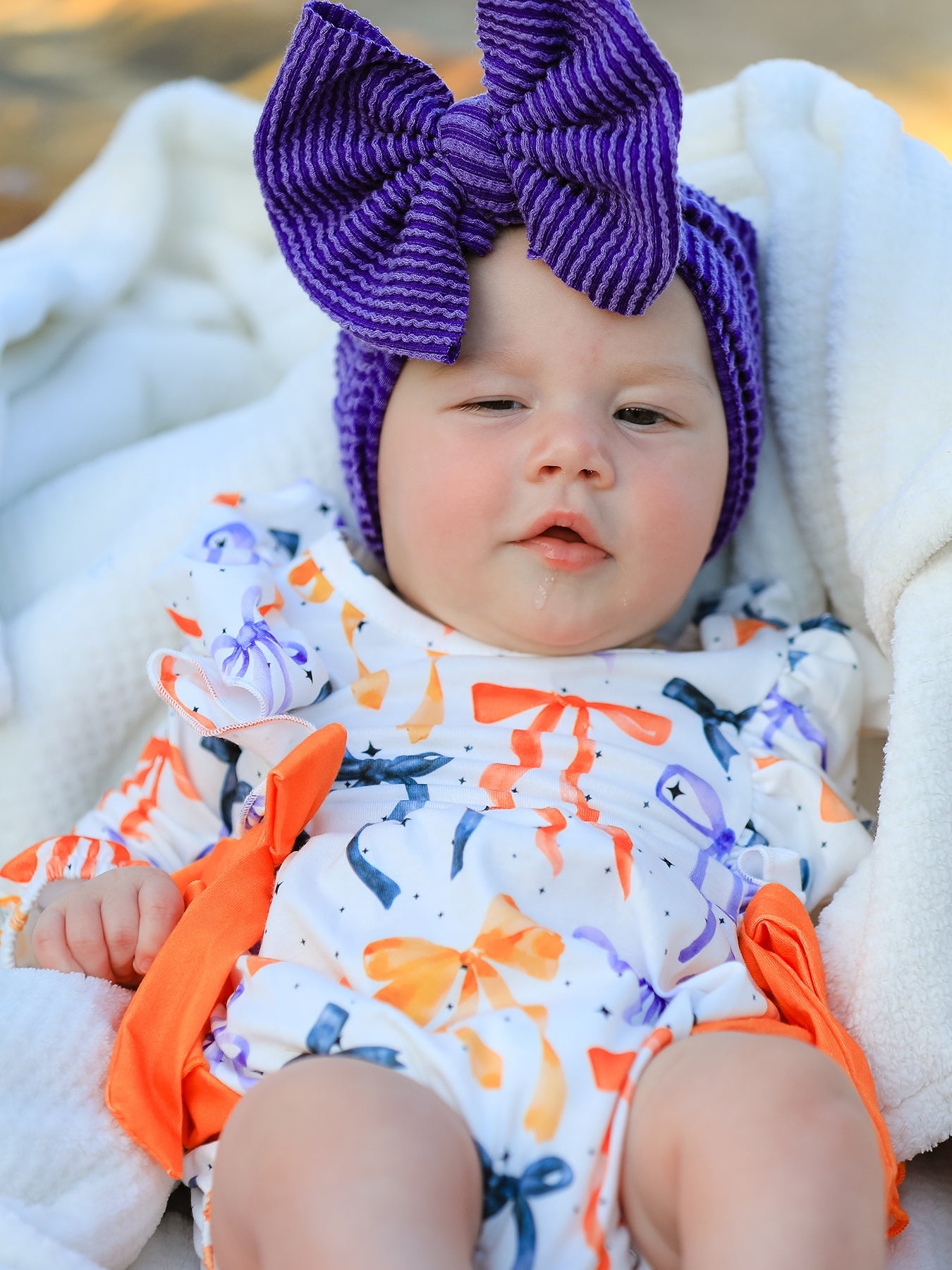 Halloween Bow Print Girls Romper Ruffle Bow Long Sleeve