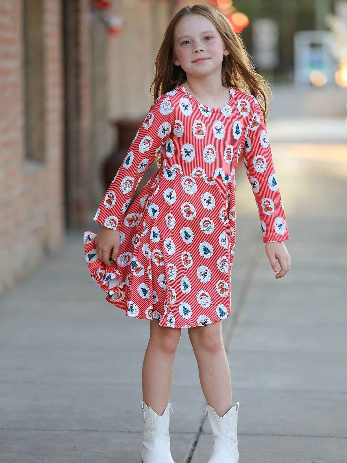 Christmas Girls' Santa and Tree Striped Dress