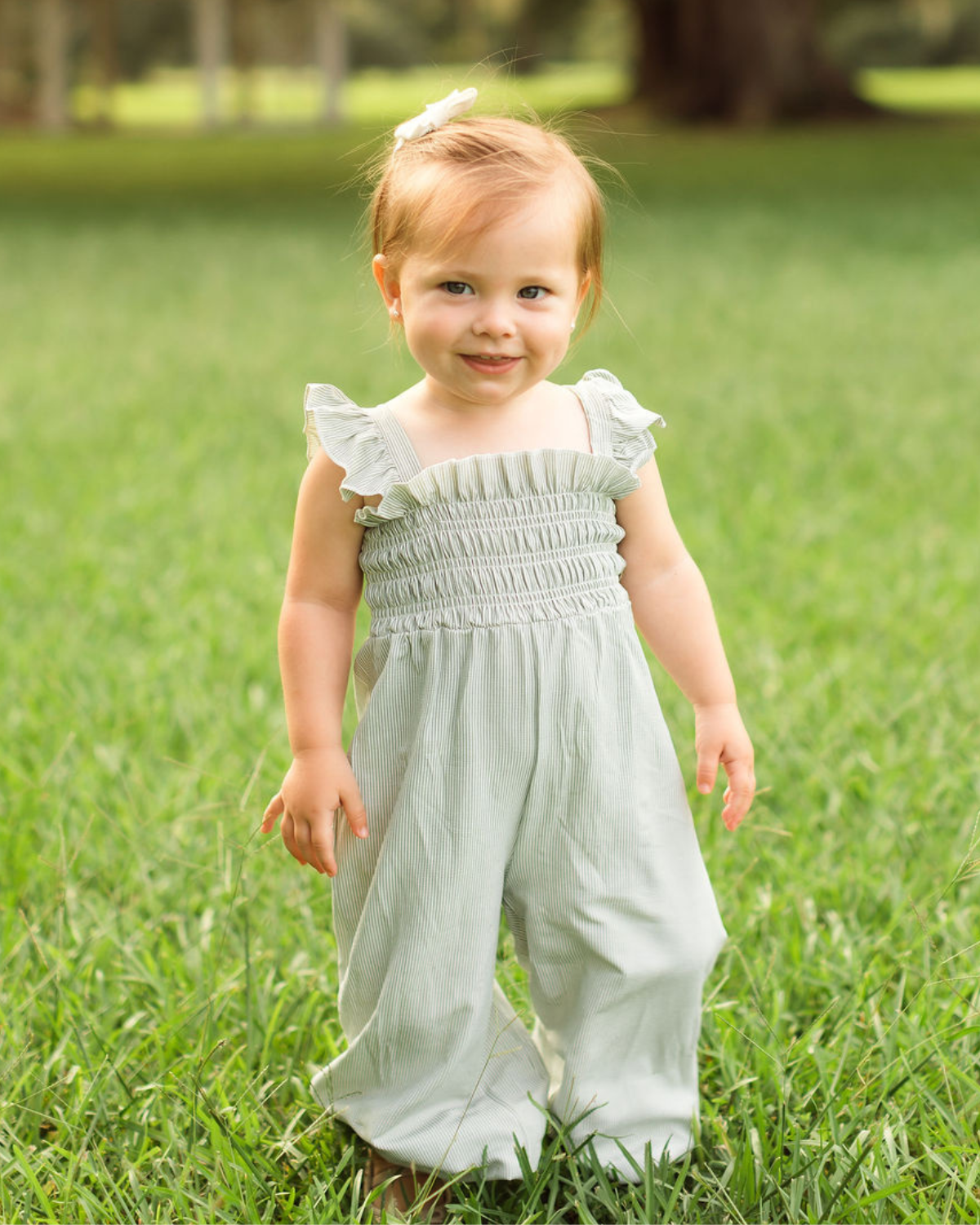 Goldie Smocked Jumpsuit - Sage Pinstripe