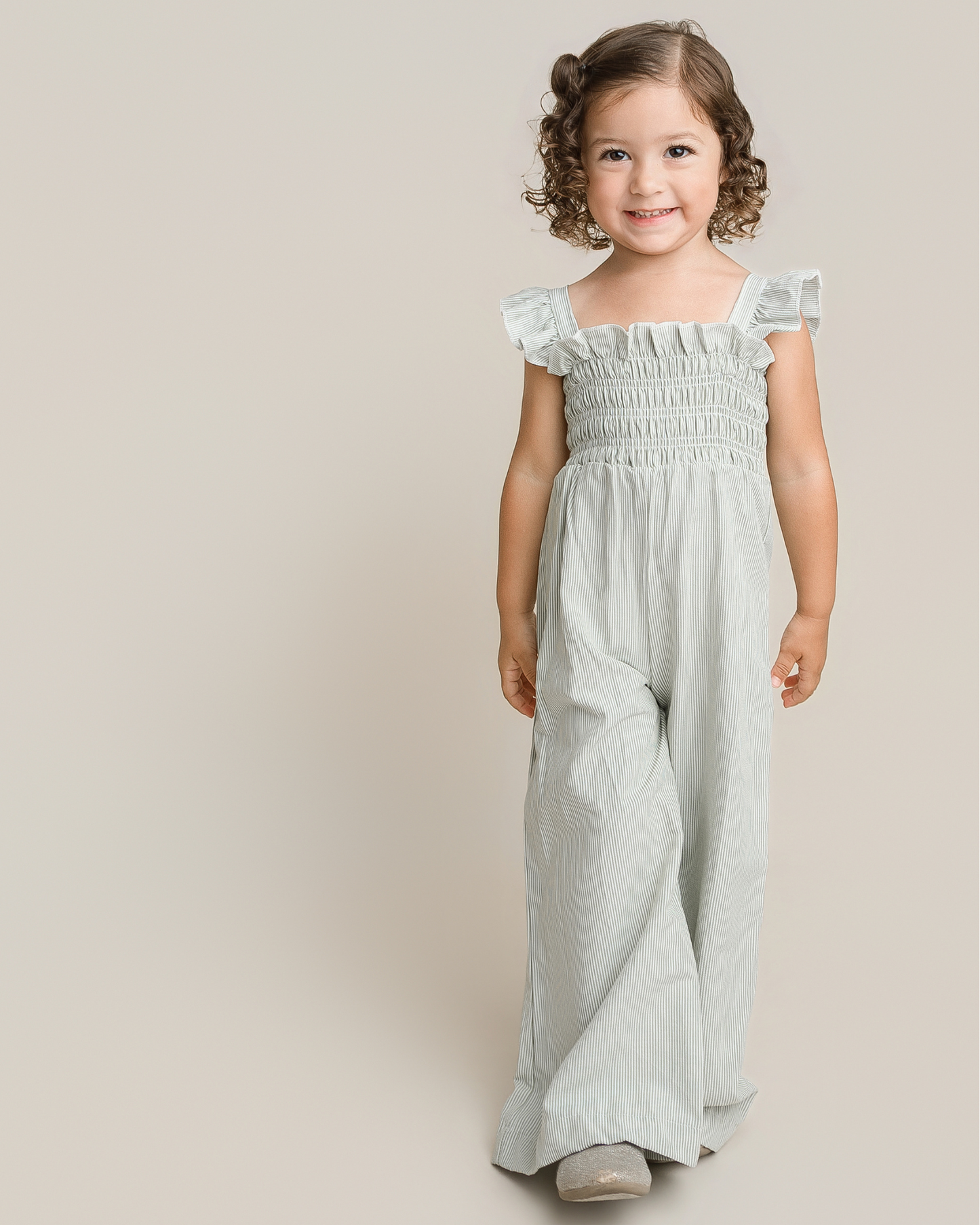 Goldie Smocked Jumpsuit - Sage Pinstripe