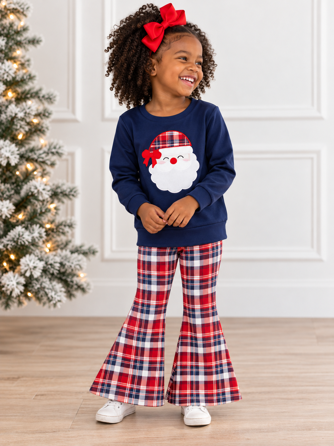 Navy Plaid Santa Girls Bell Bottom Set