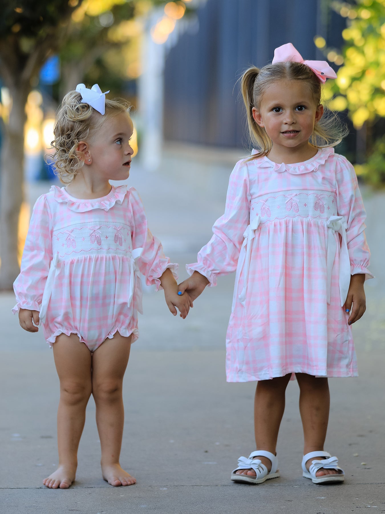 Fall Pink Plaid Ruffle Ballet Shoe Embroidery Long Sleeve Romper