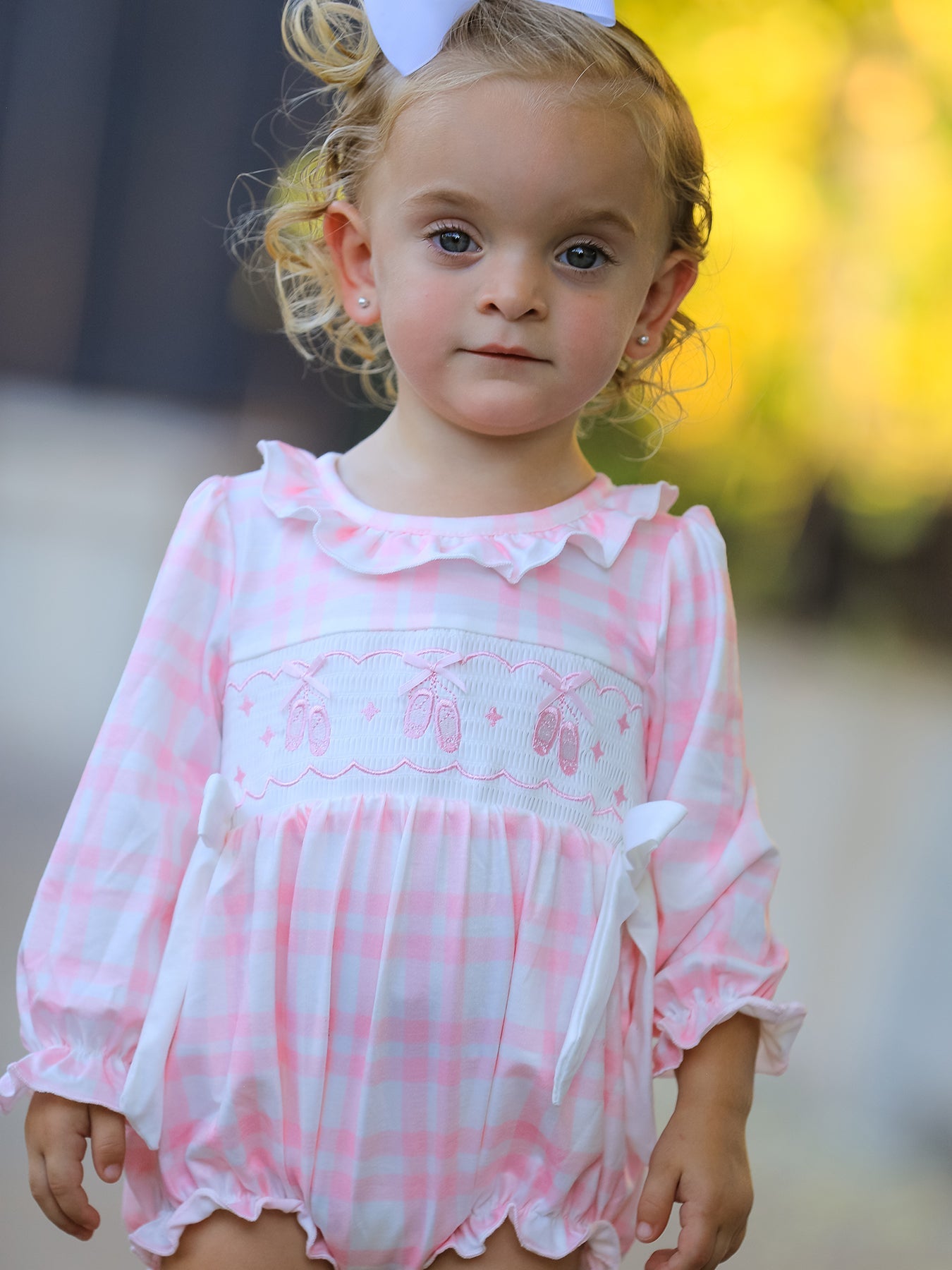 Fall Pink Plaid Ruffle Ballet Shoe Embroidery Long Sleeve Romper