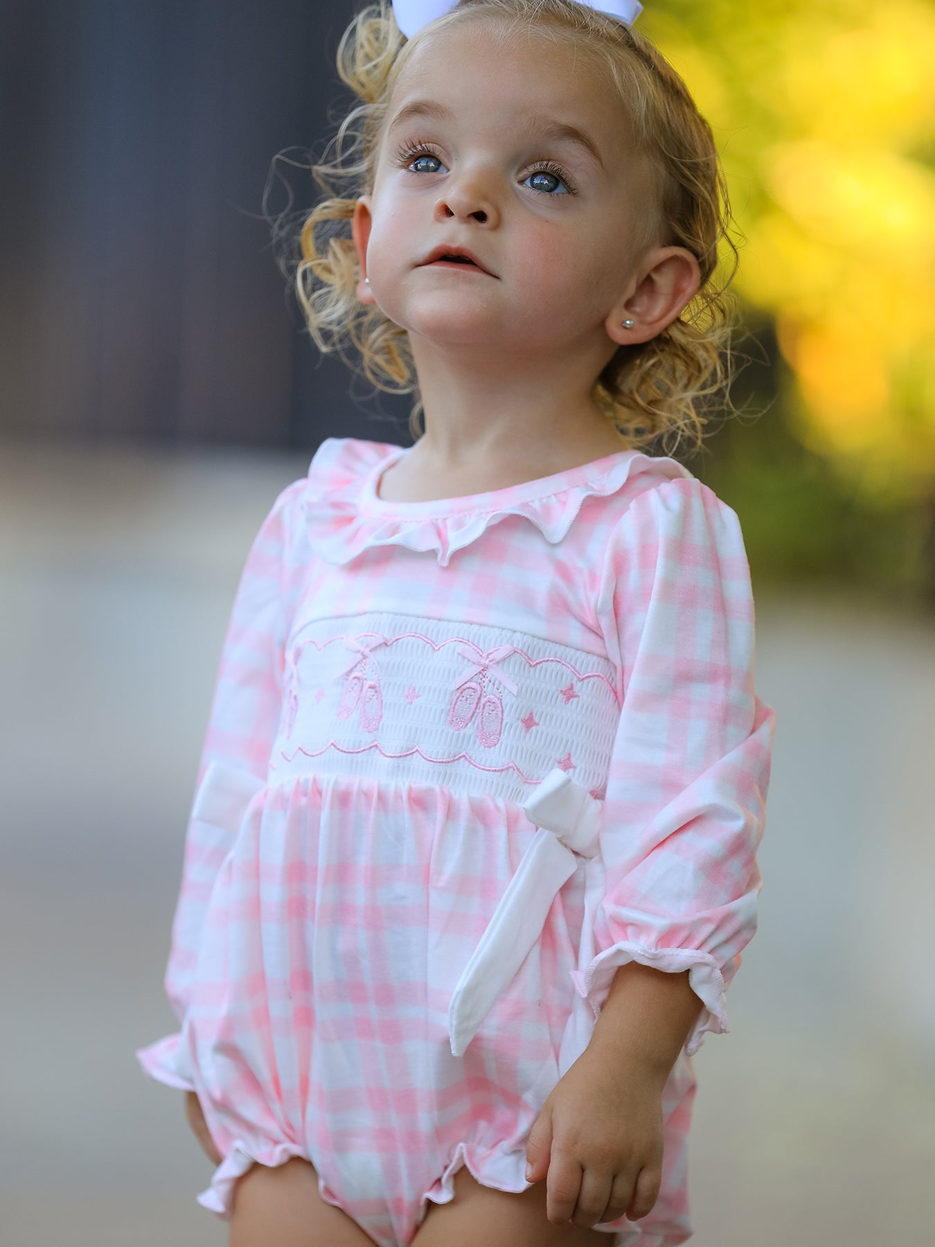 Fall Pink Plaid Ruffle Ballet Shoe Embroidery Long Sleeve Romper