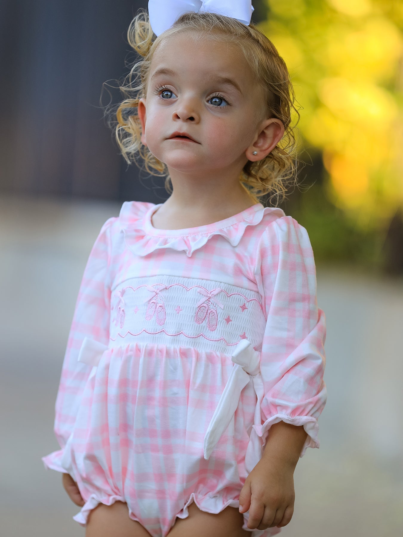 Fall Pink Plaid Ruffle Ballet Shoe Embroidery Long Sleeve Romper