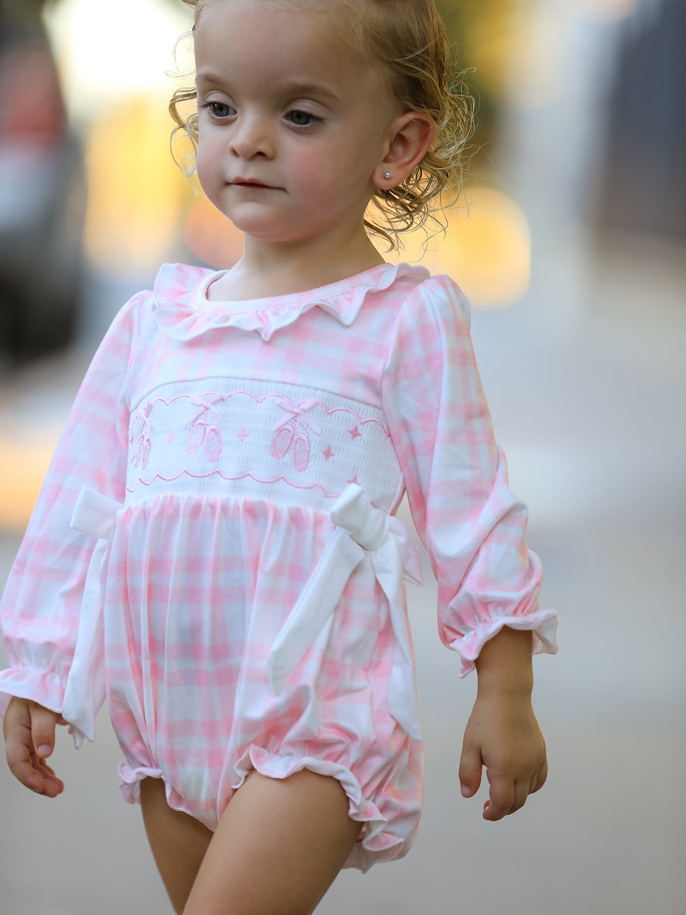 Fall Pink Plaid Ruffle Ballet Shoe Embroidery Long Sleeve Romper