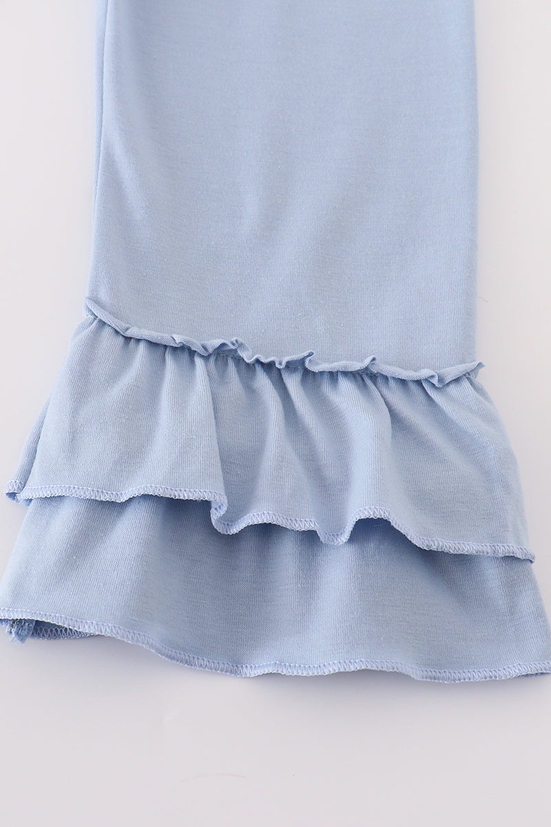 Blue woven check pumpkin embroidery girl set