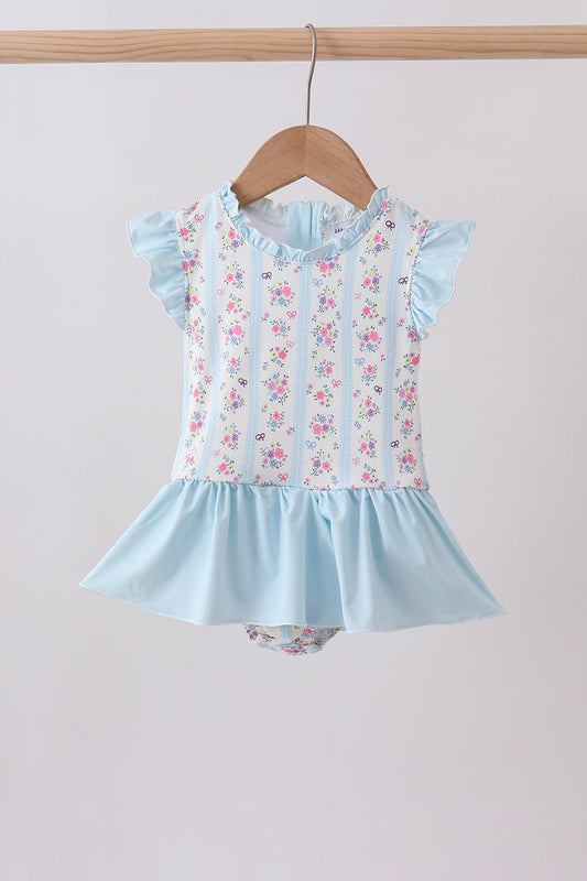 Blue floral ruffle one-piece swimsuit