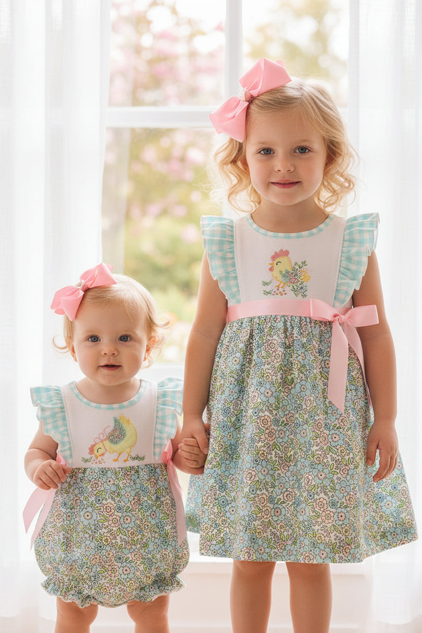 Mint Chicken Applique Ruffle Bubble