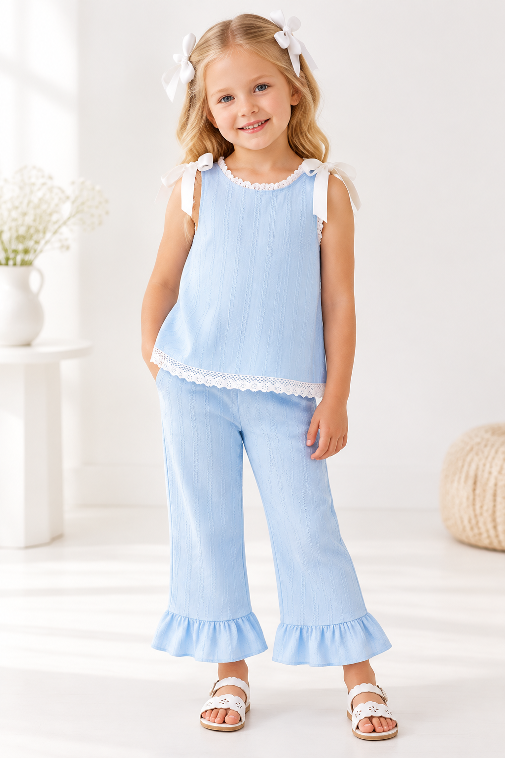 Blue Jacquard Lace Ruffle Pants Set