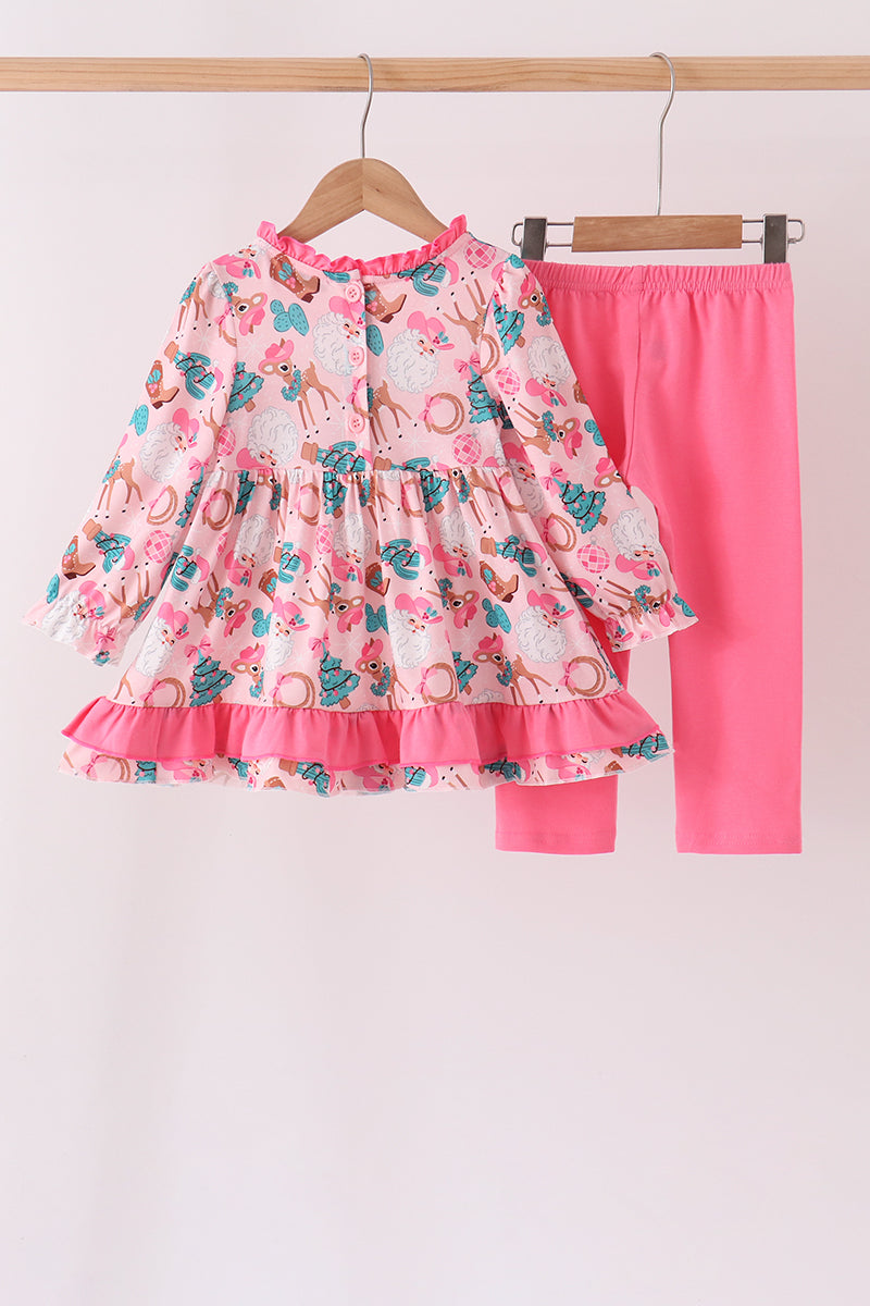 Pink Cowboy Santa Embroidery Ruffle Pants Set