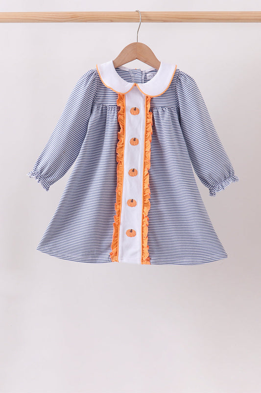 Teal stripe pumpkin embroidery ruffle dress