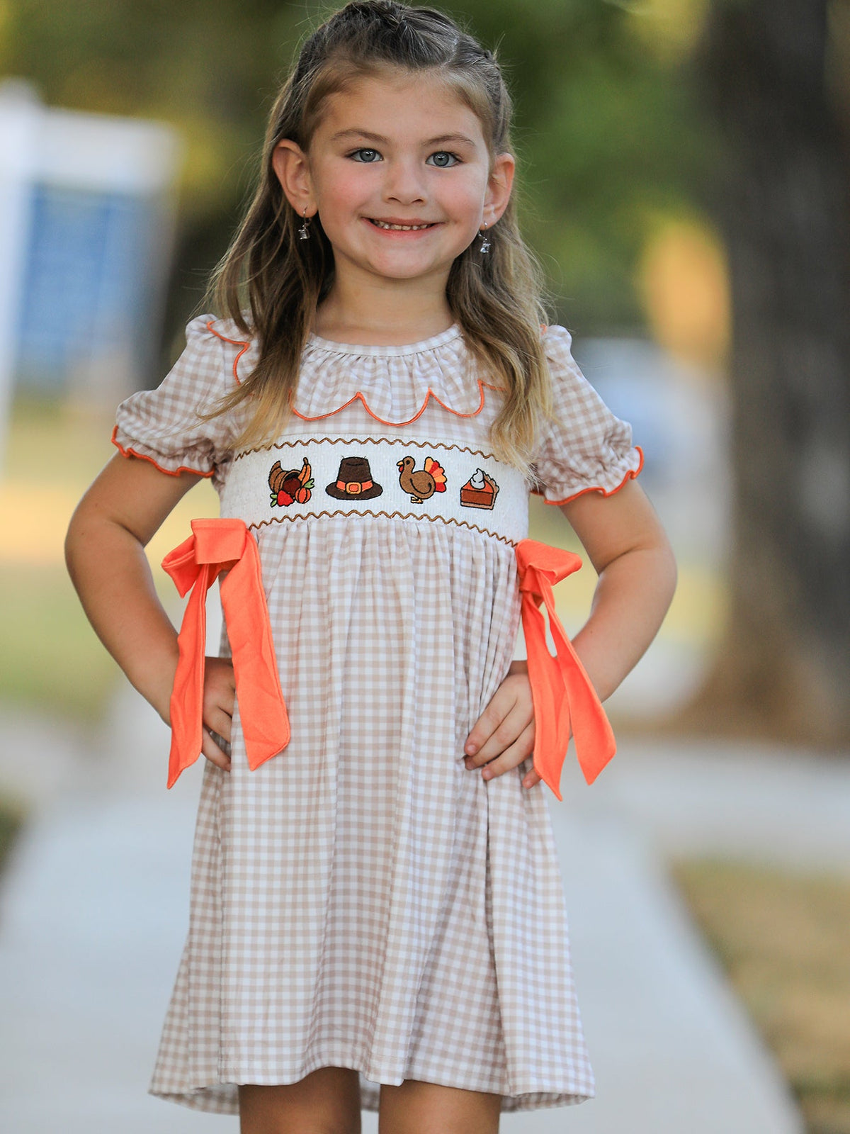 Thanksgiving Smocked Girls Dress Turkey Pumpkin Pie Embroidery