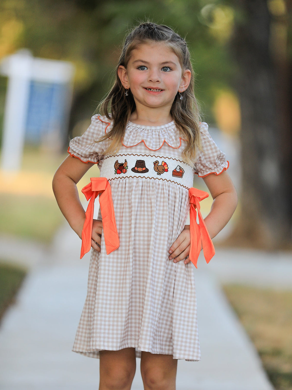 Thanksgiving Smocked Girls Dress Turkey Pumpkin Pie Embroidery