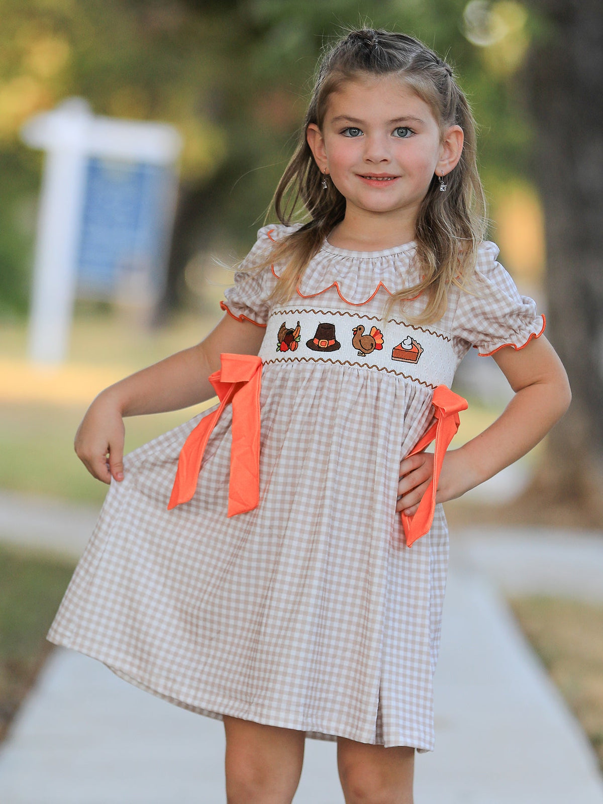 Thanksgiving Smocked Girls Dress Turkey Pumpkin Pie Embroidery