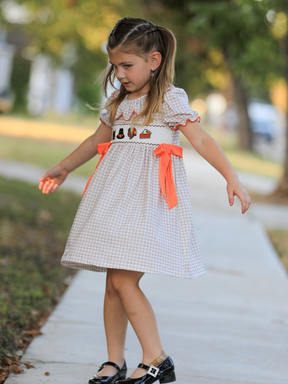 Thanksgiving Smocked Girls Dress Turkey Pumpkin Pie Embroidery