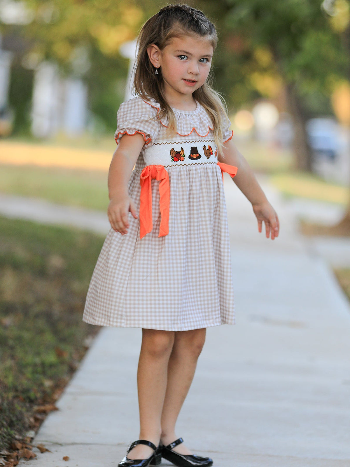 Thanksgiving Smocked Girls Dress Turkey Pumpkin Pie Embroidery