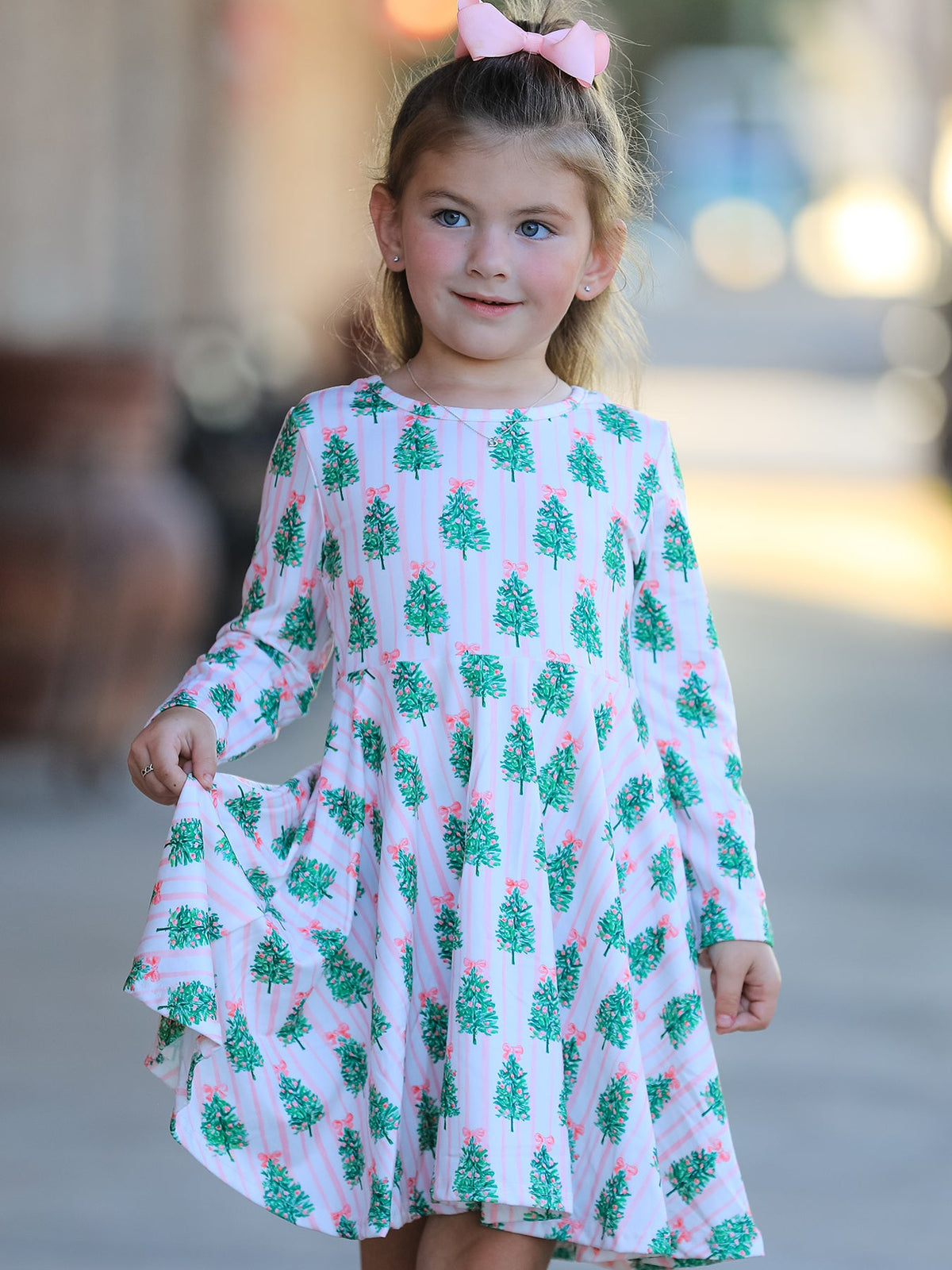 Christmas Girls Pink Stripe Tree Bow Twirl Dress