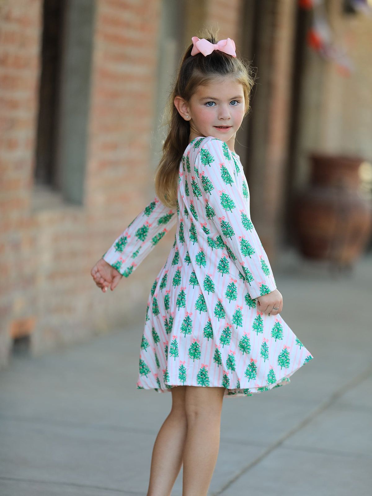 Christmas Girls Pink Stripe Tree Bow Twirl Dress