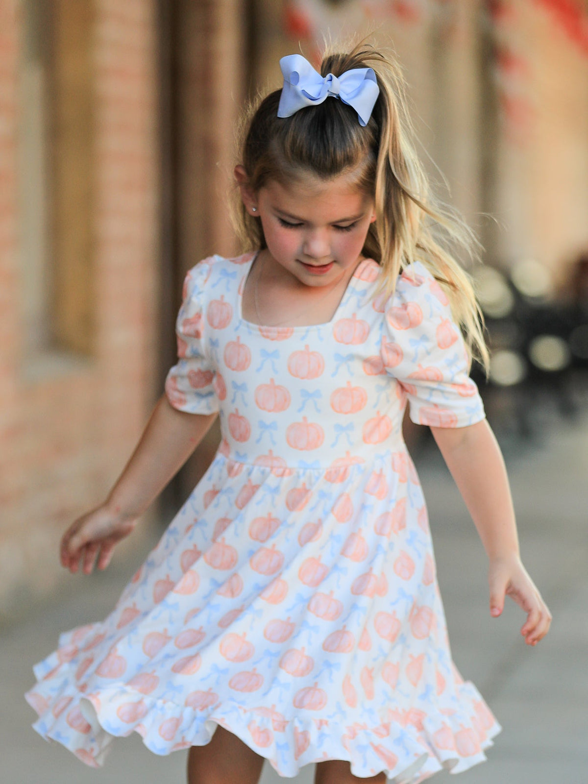 Halloween Thanksgiving Pumpkin Bow Girls Twirl Ruffle Dress