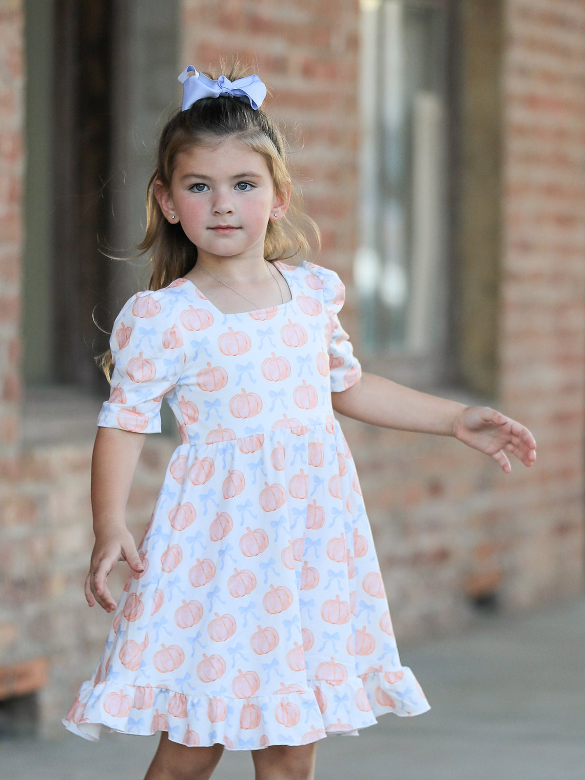 Halloween Thanksgiving Pumpkin Bow Girls Twirl Ruffle Dress