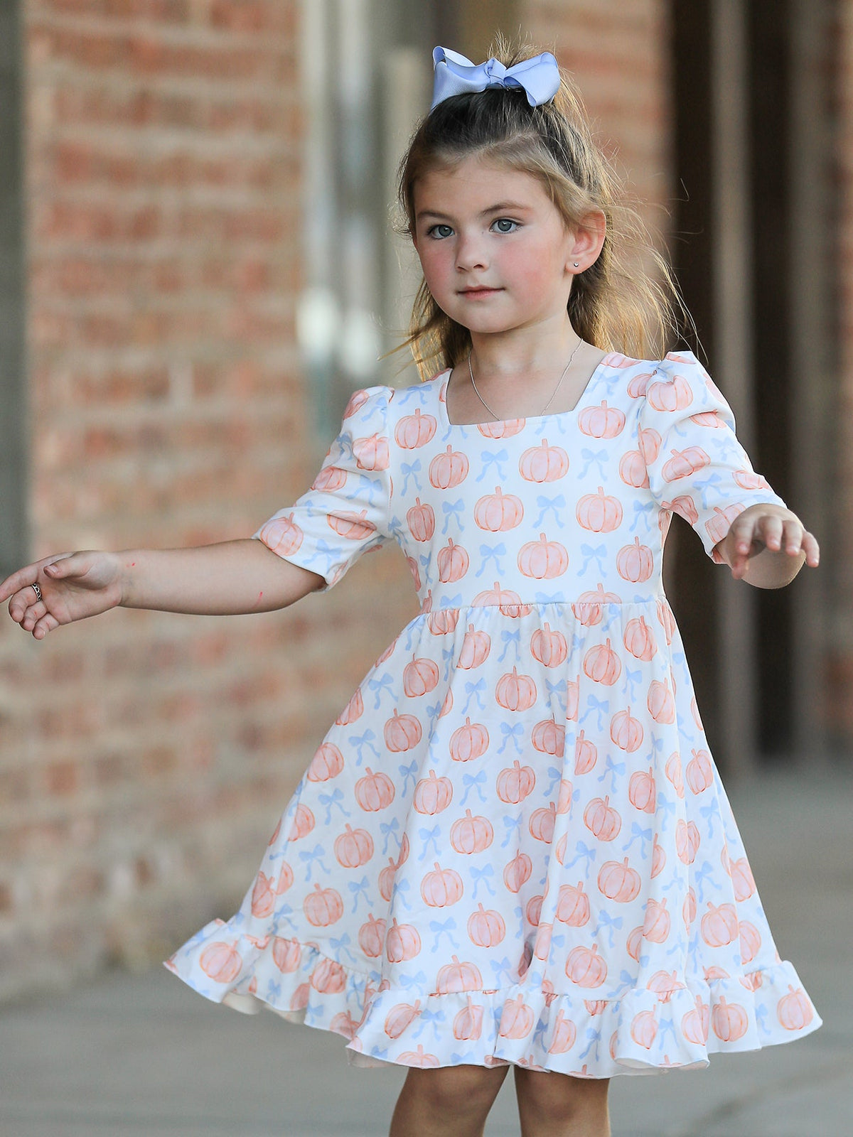 Halloween Thanksgiving Pumpkin Bow Girls Twirl Ruffle Dress