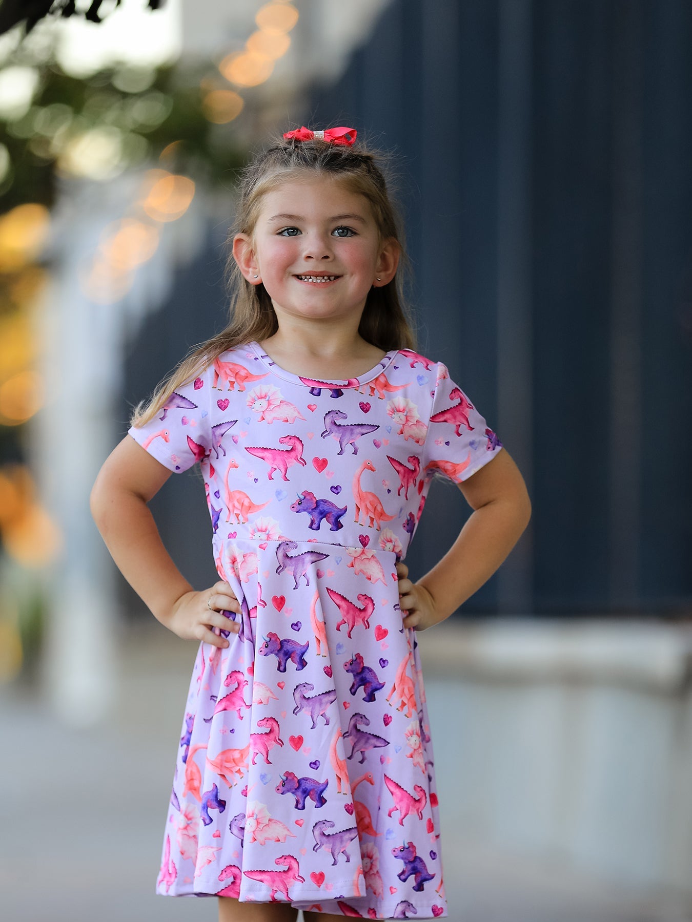 Dinosaur Heart Twirl Girls Dress Short Sleeves