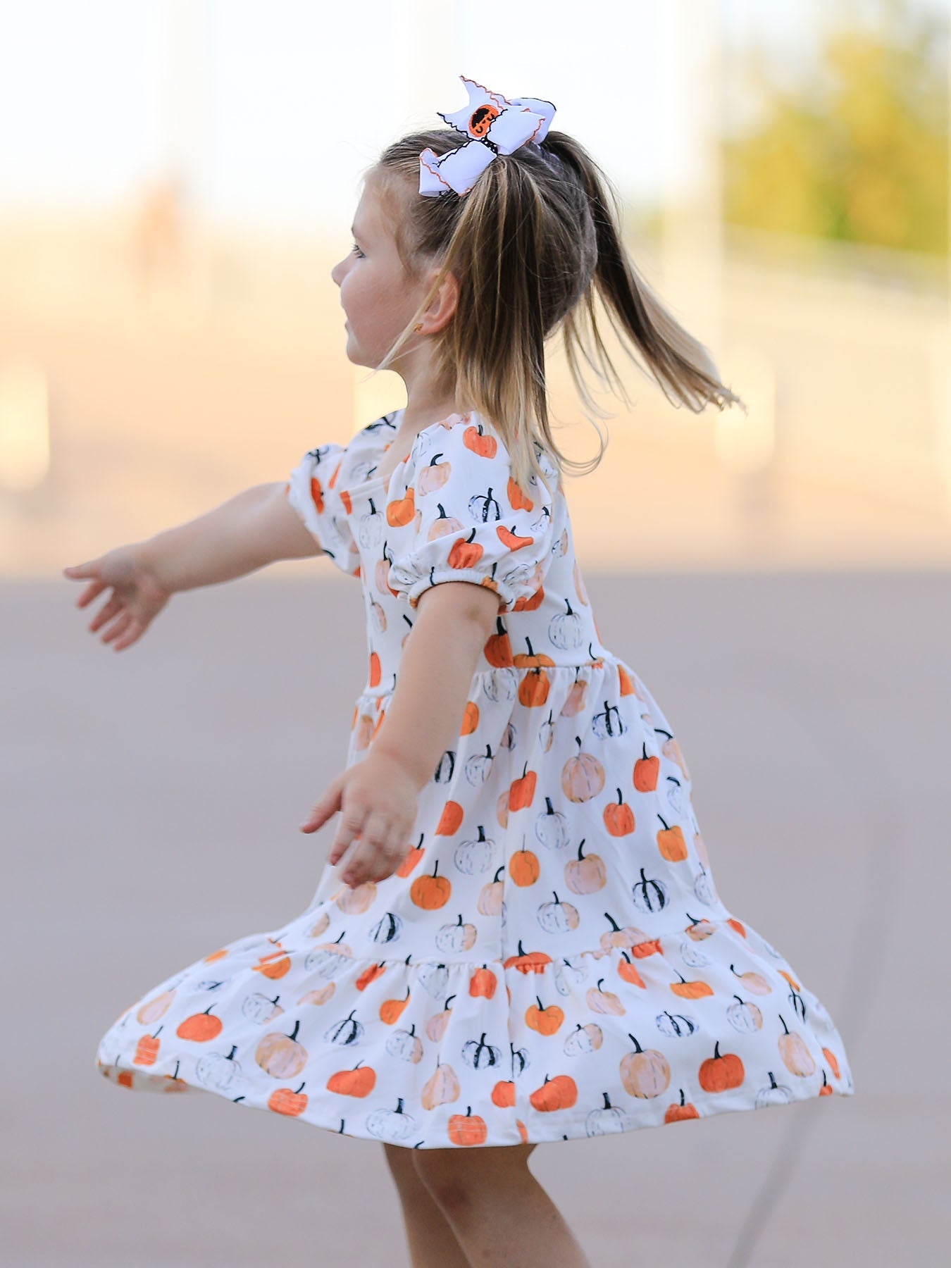 Fall Pumpkin Puff Sleeve Girls Dress