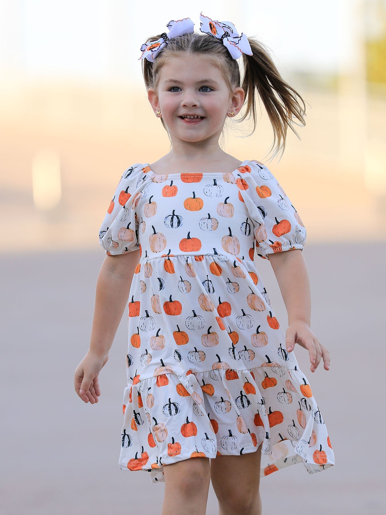 Fall Pumpkin Puff Sleeve Girls Dress