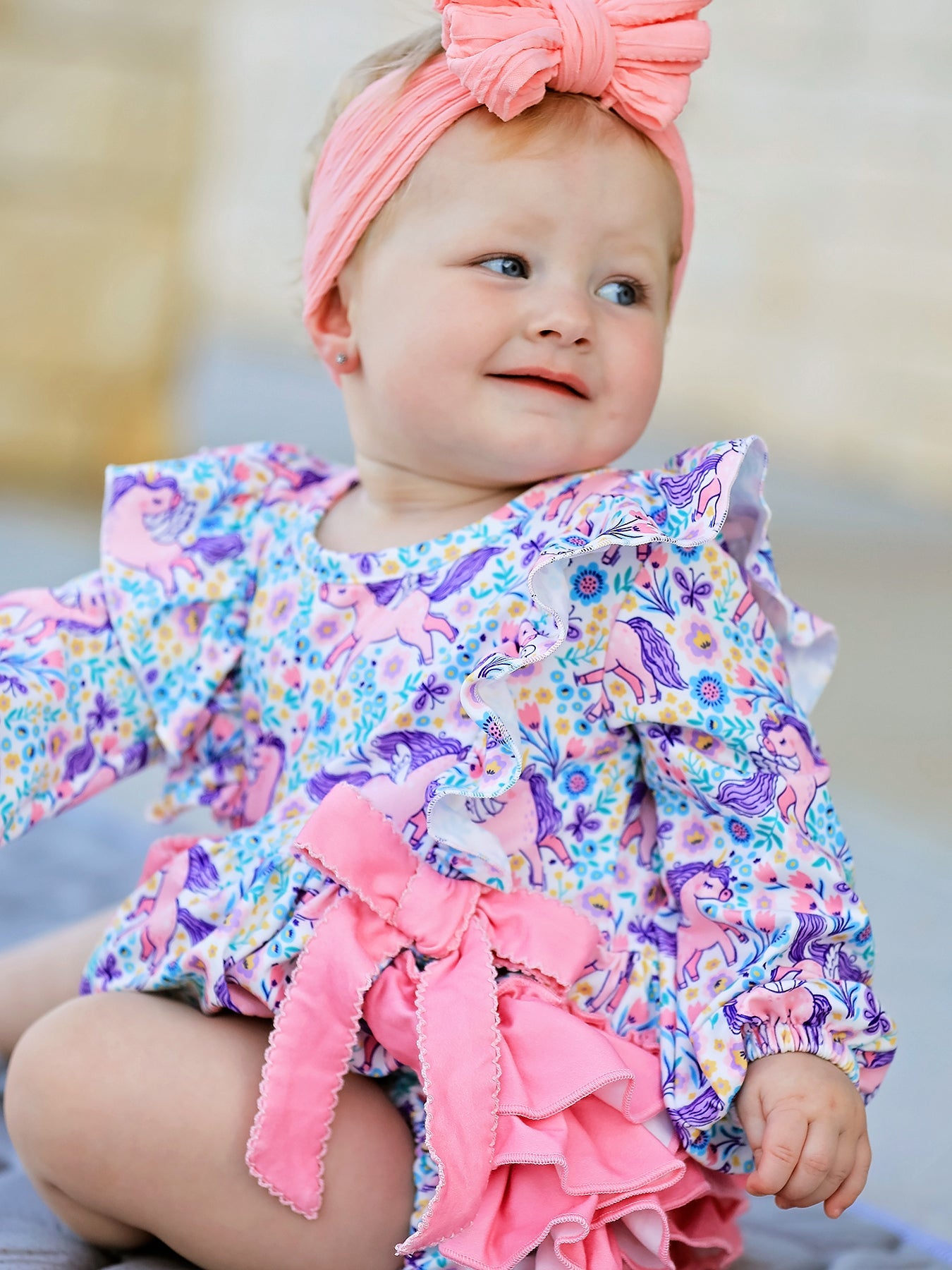 Unicorn Floral Print Girls Long Sleeve Romper
