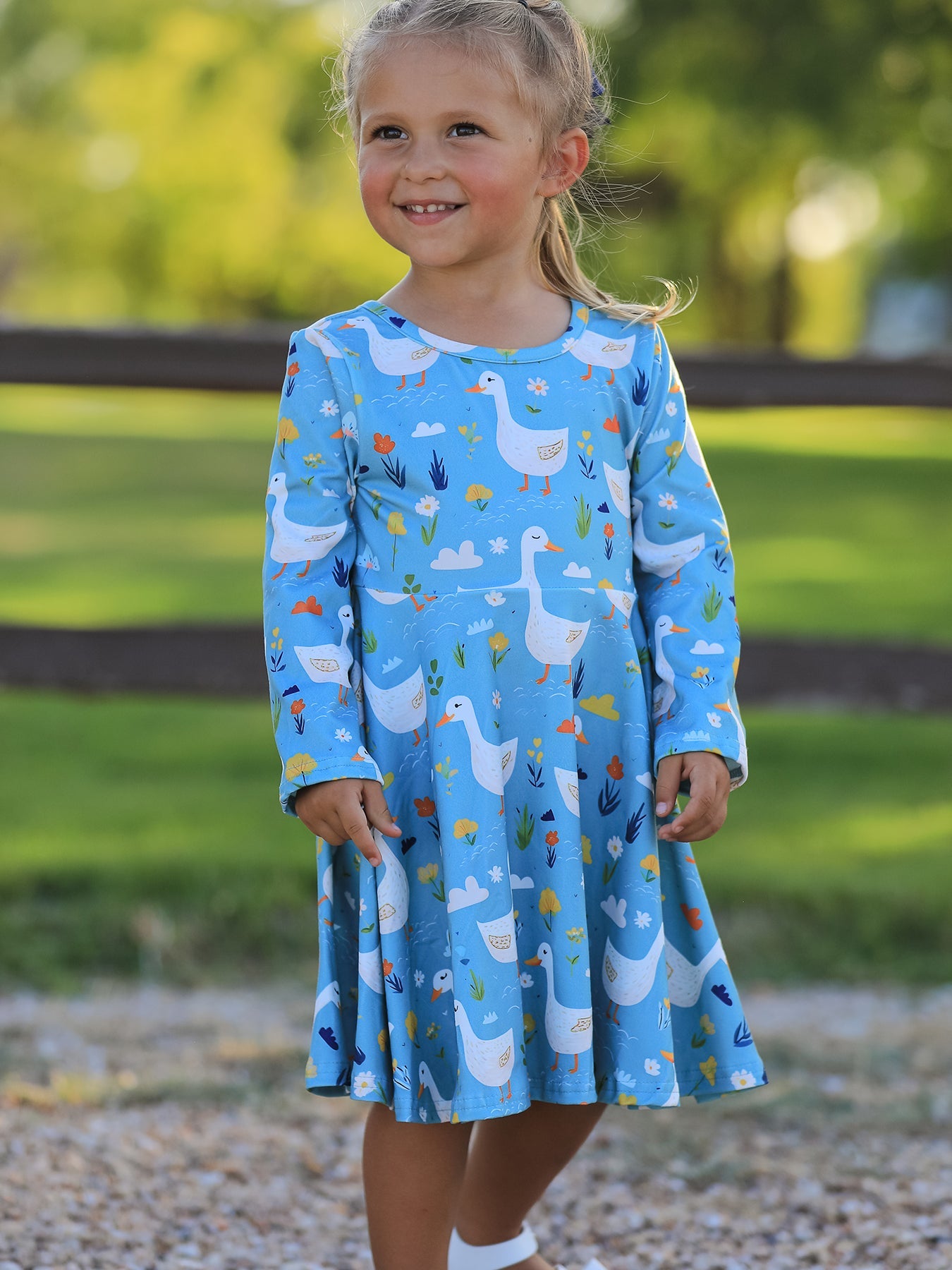 Fall Goose Print Girls Long Sleeve Twirl Dress