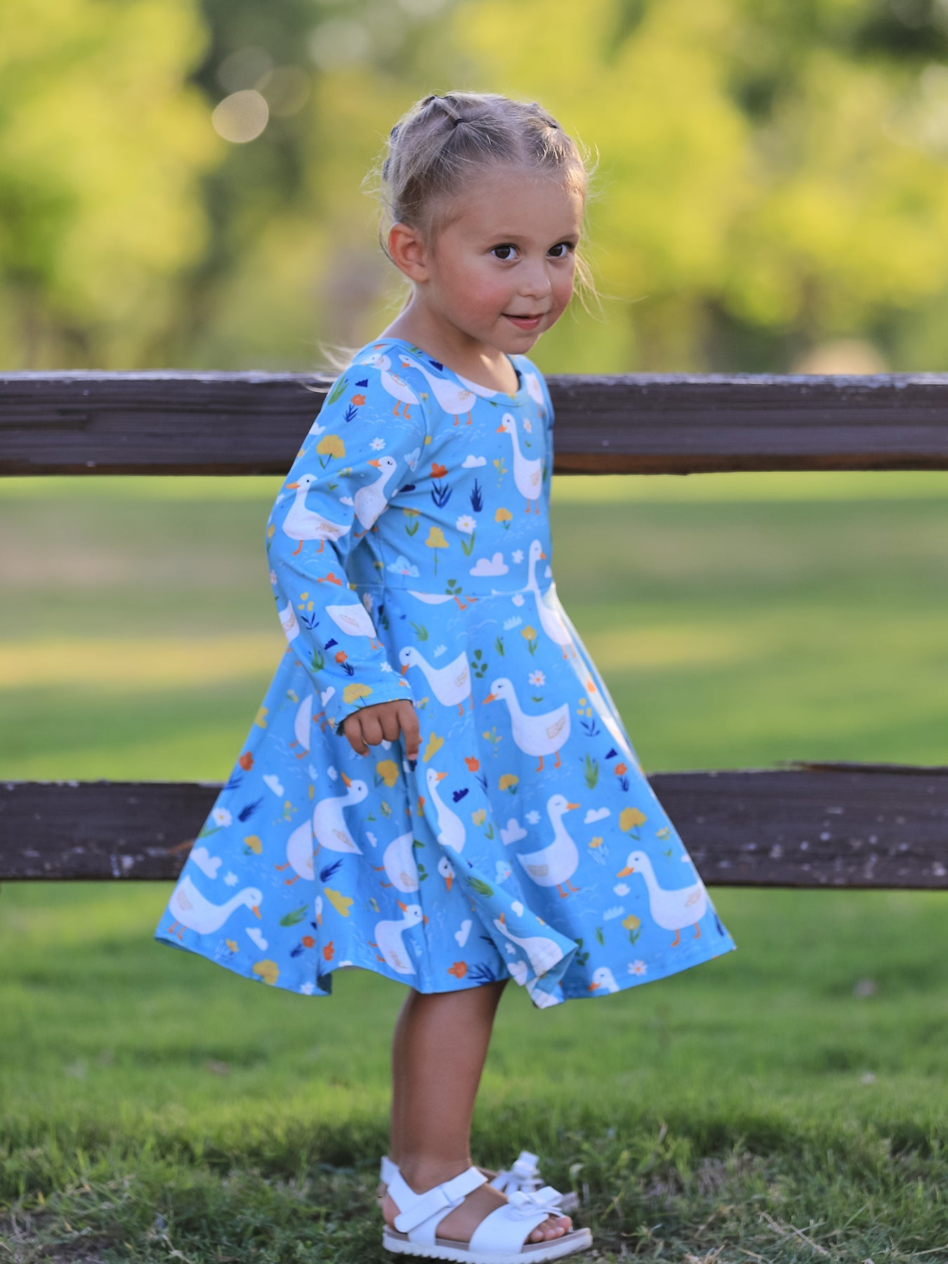Fall Goose Print Girls Long Sleeve Twirl Dress