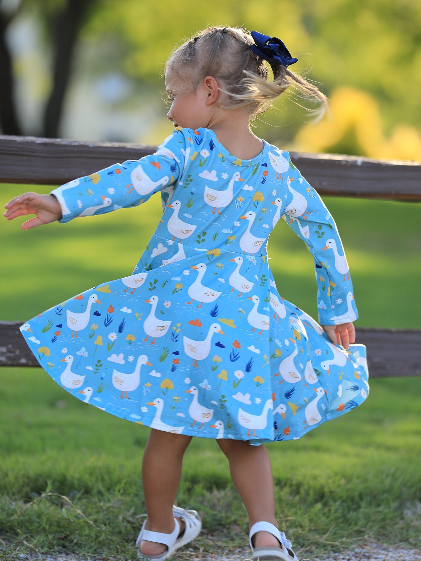 Fall Goose Print Girls Long Sleeve Twirl Dress