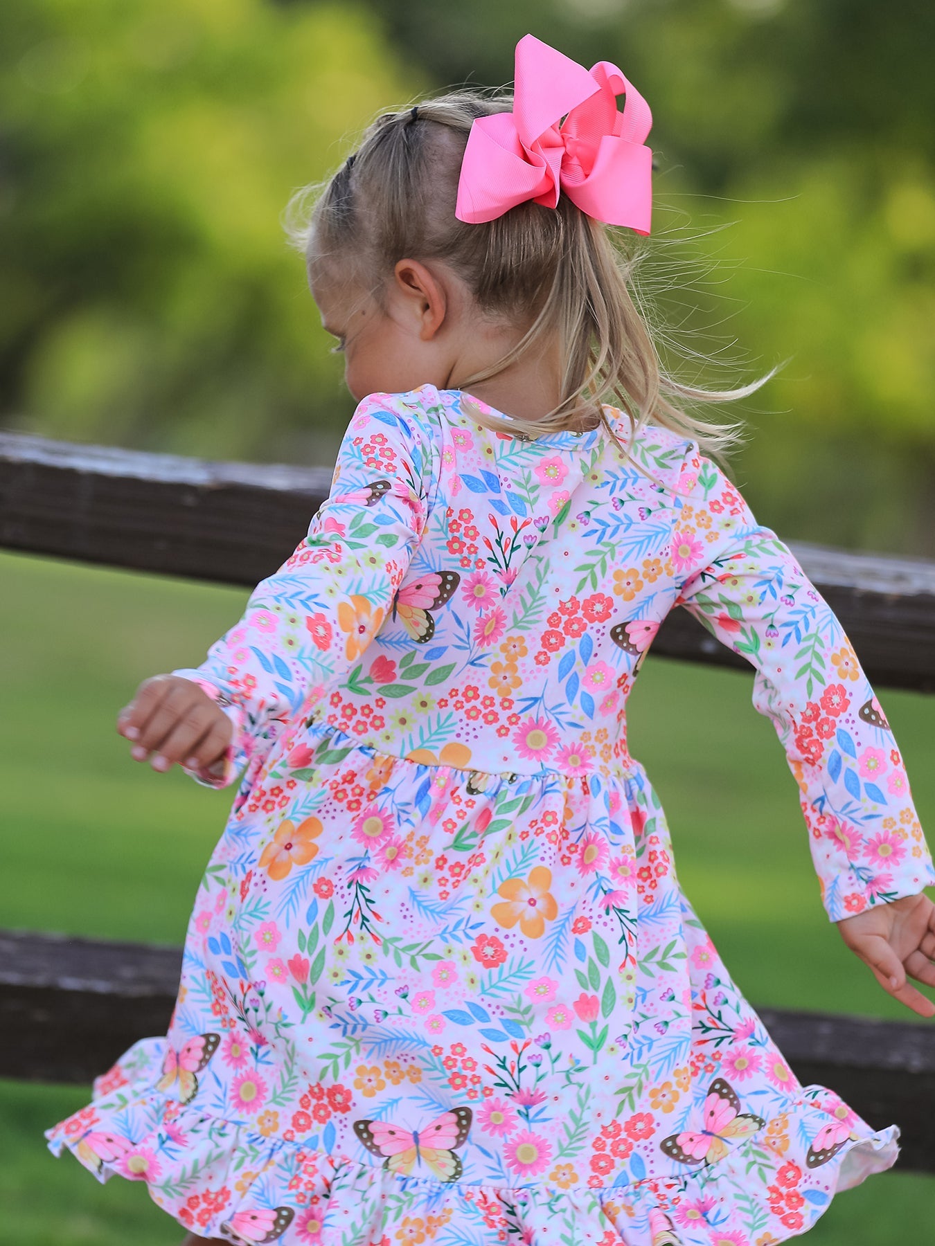 Fall Butterfly Floral Print Girls Ruffle Hem Twirl Dress