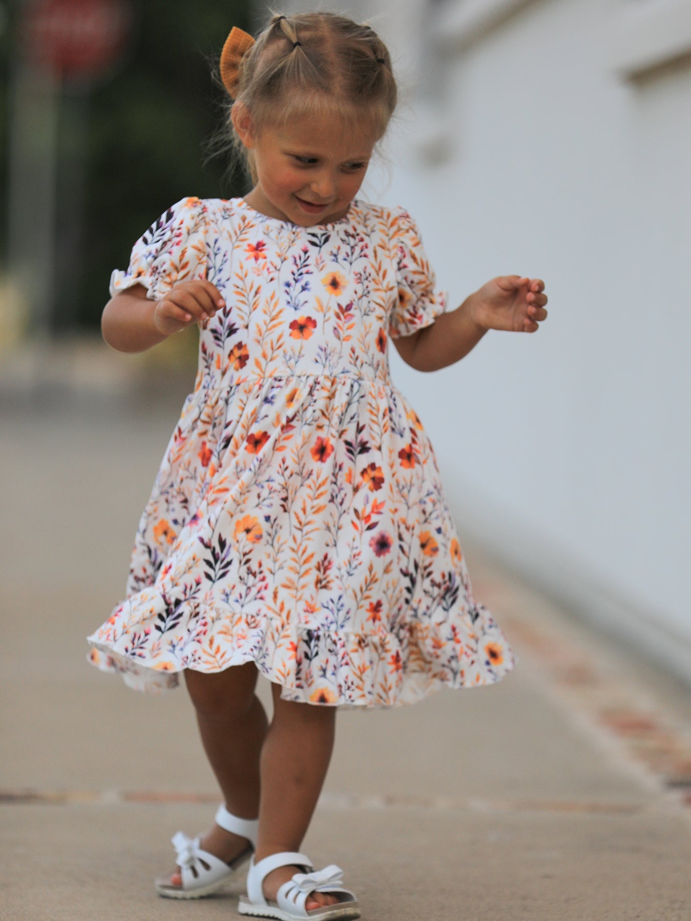 Fall Floral Puff Sleeve Ruffle Girls Dress