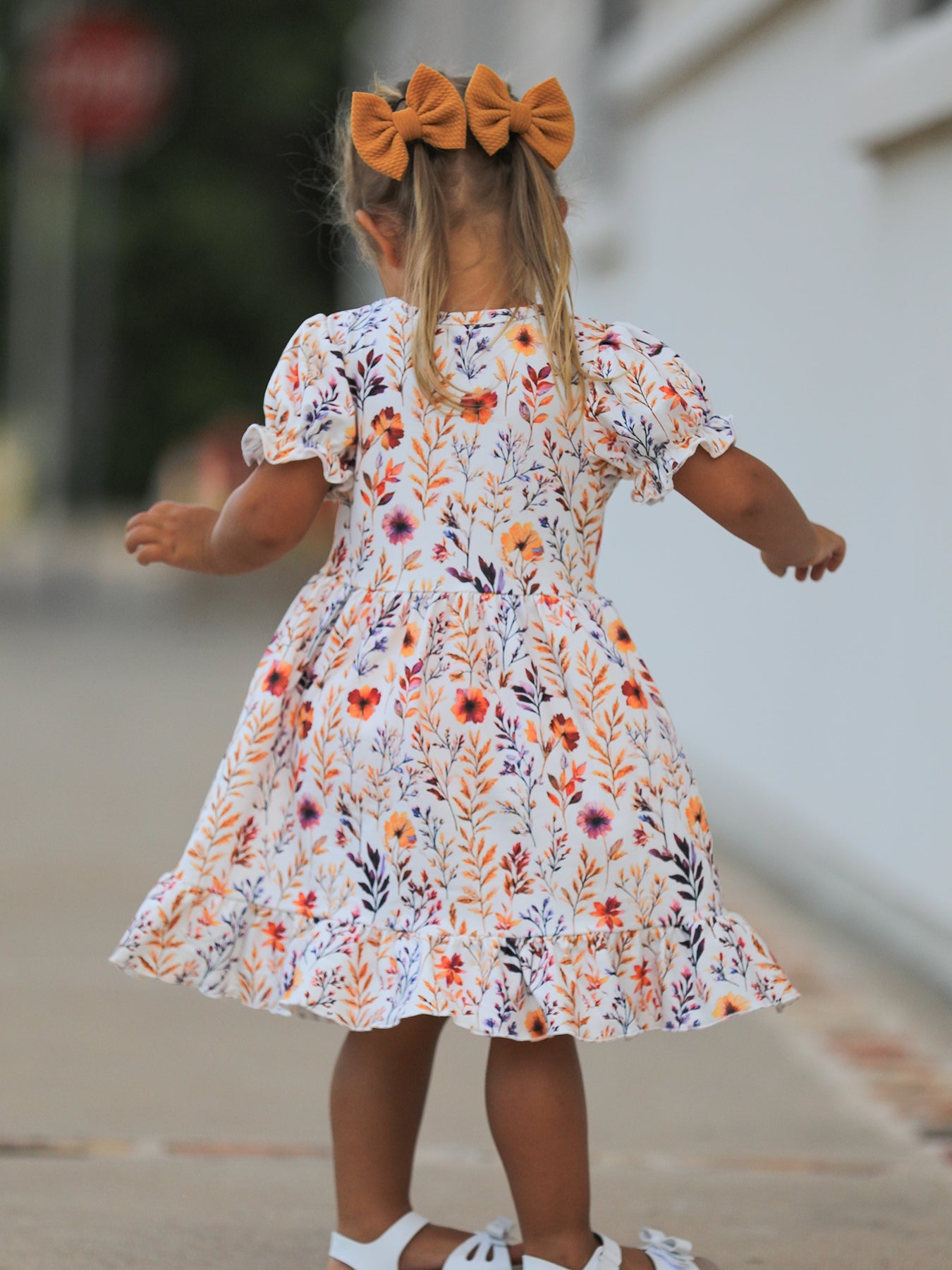 Fall Floral Puff Sleeve Ruffle Girls Dress