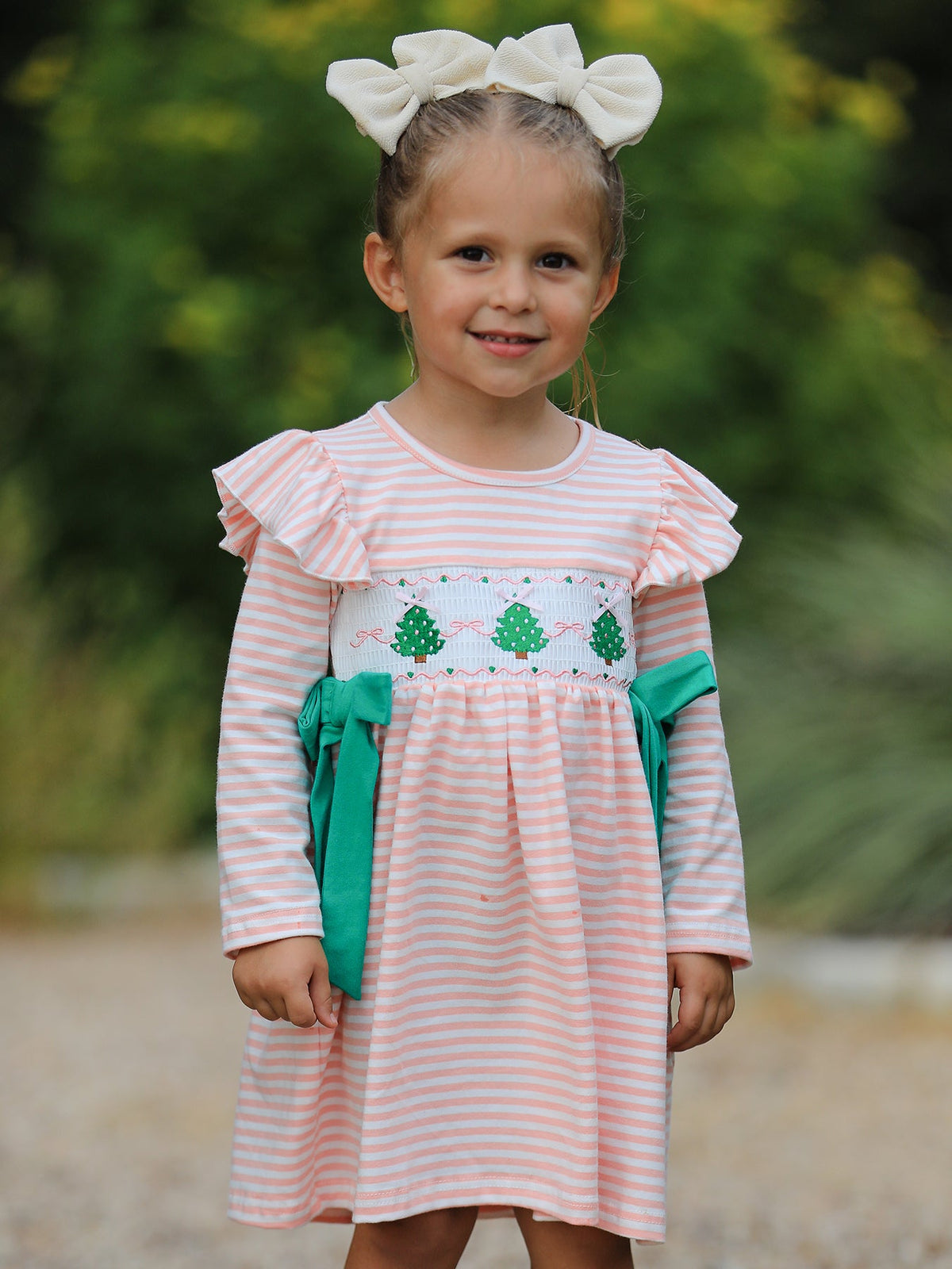 Christmas Tree Smocked Embroidery Stripe Baby Girls Dress