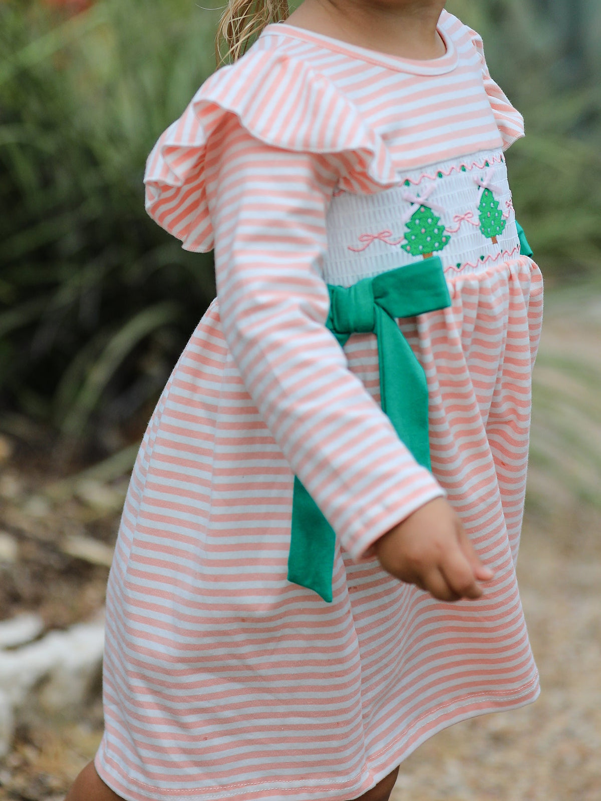 Christmas Tree Smocked Embroidery Stripe Baby Girls Dress