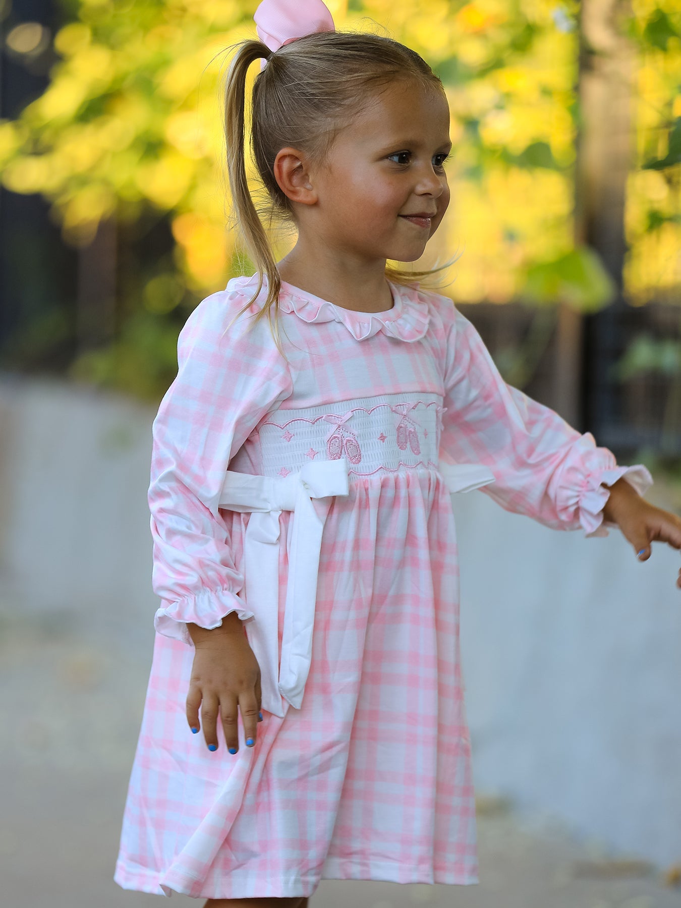 Fall Pink Plaid Ruffle Ballet Shoe Embroidery Long Sleeve Dress