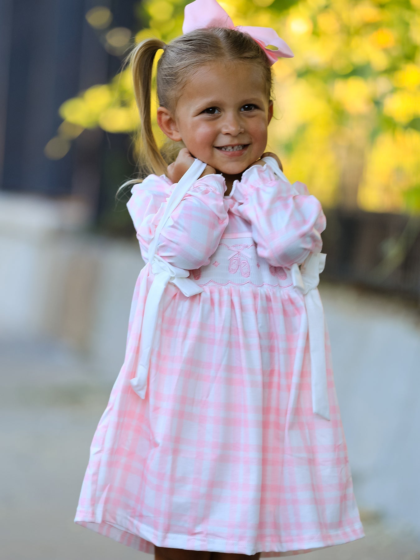 Fall Pink Plaid Ruffle Ballet Shoe Embroidery Long Sleeve Dress