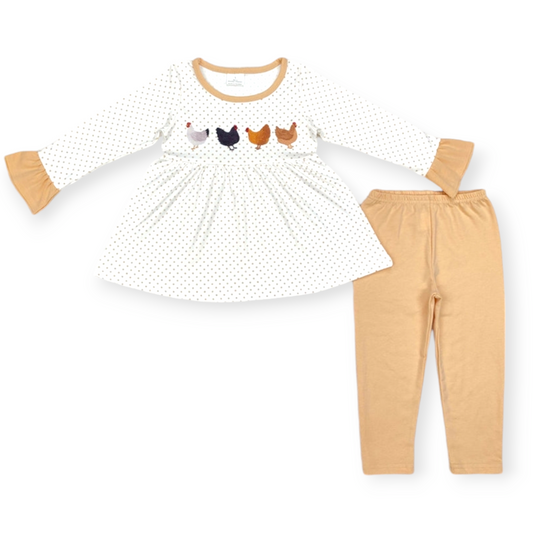 polka dots and chickens pant set