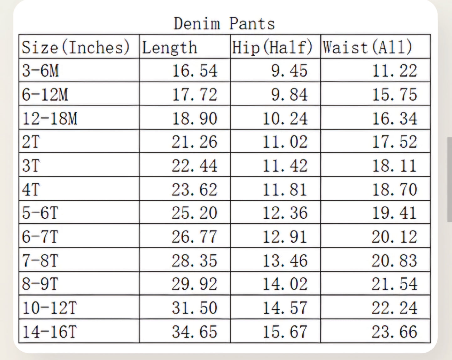 Wild Child size charts for boy or girl