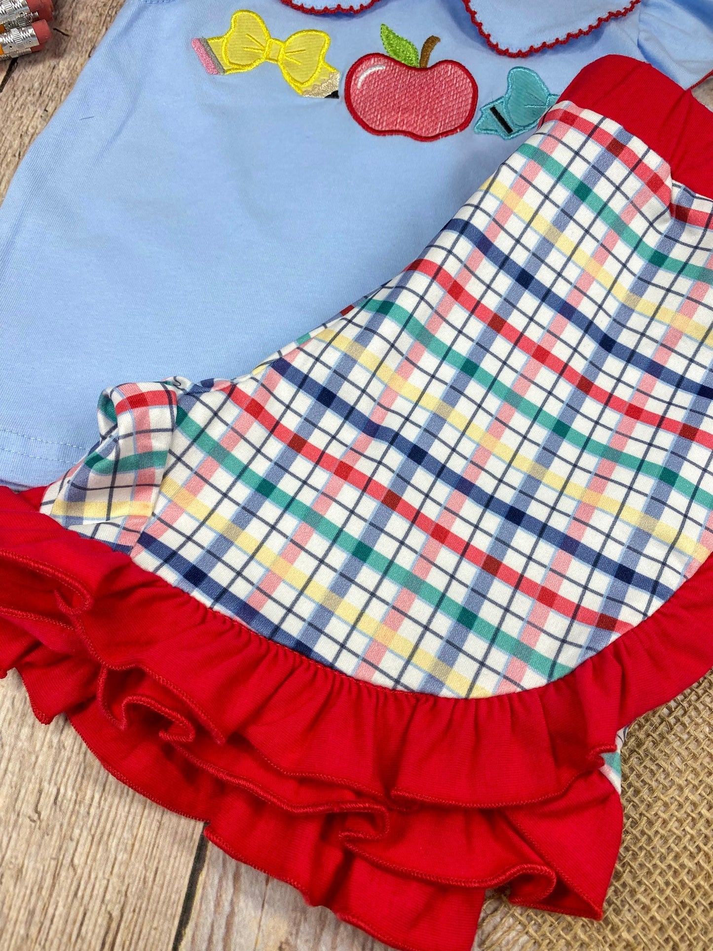 Apple Bow Collar Top & Plaid Ruffle Shorts Set | Girls School Outfit